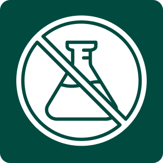 Crossed-out chemical flask icon representing toxin-free garment cleaning