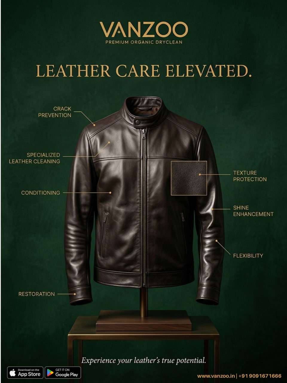 Brown leather biker jacket on a stand — Vanzoo leather care and conditioning