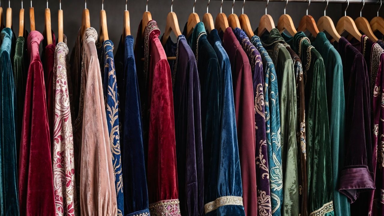 “Luxury velvet garments showing rich texture and color, demonstrating how to take care of velvet clothes properly, preserve velvet fabric, and maintain softness”