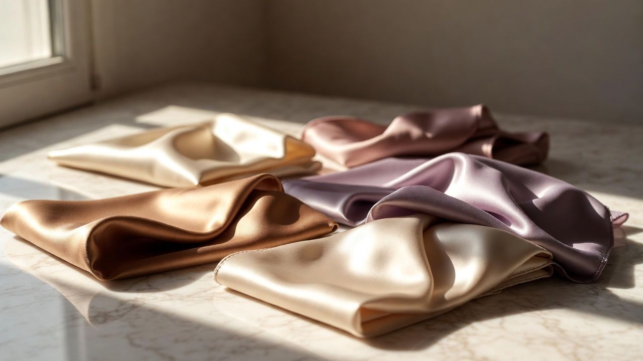 Can you iron satin scarves? Luxury flat-lay scene featuring elegant satin scarves in soft neutral and pastel shades, gently folded on a marble surface, natural window light highlighting glossy texture, minimal styling with soft shadows, premium fashion editorial photography, high detail fabric shine, warm neutral tones, realistic 16:9 aspect ratio