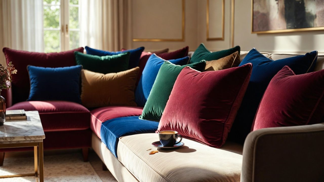 Can You Wash Velvet Pillow Covers?- Luxury living room interior in landscape orientation, deep jewel-tone velvet pillow covers on a designer sofa, soft natural window light highlighting velvet texture and sheen, coffee cup slightly tilted near cushion suggesting accidental spill, elegant marble coffee table, neutral beige walls with gold accents, high-end modern décor, shallow depth of field, cinematic lighting, ultra-realistic, premium lifestyle photography, 4K detail, focus on plush velvet texture and richness.