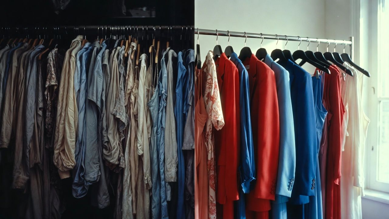 How Professional Dry Cleaning Extends Garment Life?- A split-scene visual showing a wardrobe transformation — left side displays faded, wrinkled clothes with dull colors hanging loosely in a dimly lit closet, right side shows vibrant, freshly cleaned garments neatly arranged, structured blazers and silk dresses glowing under soft natural light. Subtle fabric textures visible (silk, wool, cotton). Clean, modern home interior background, realistic lighting, high detail, professional photography style, cinematic depth of field, 16:9 landscape orientation.