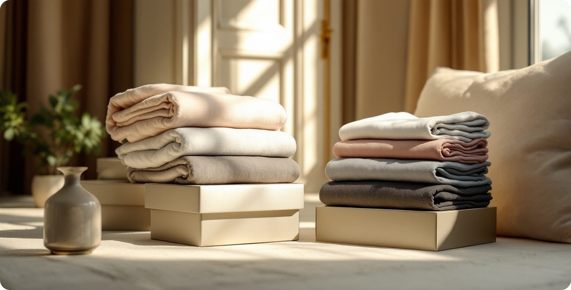 Neatly folded cleaned linens and towels after Vanzoo fabric care