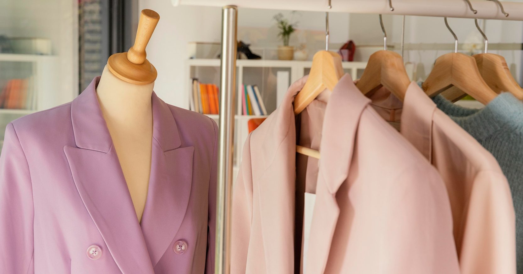 Rail of pastel couture blazers cleaned and pressed at the Vanzoo Gurgaon atelier