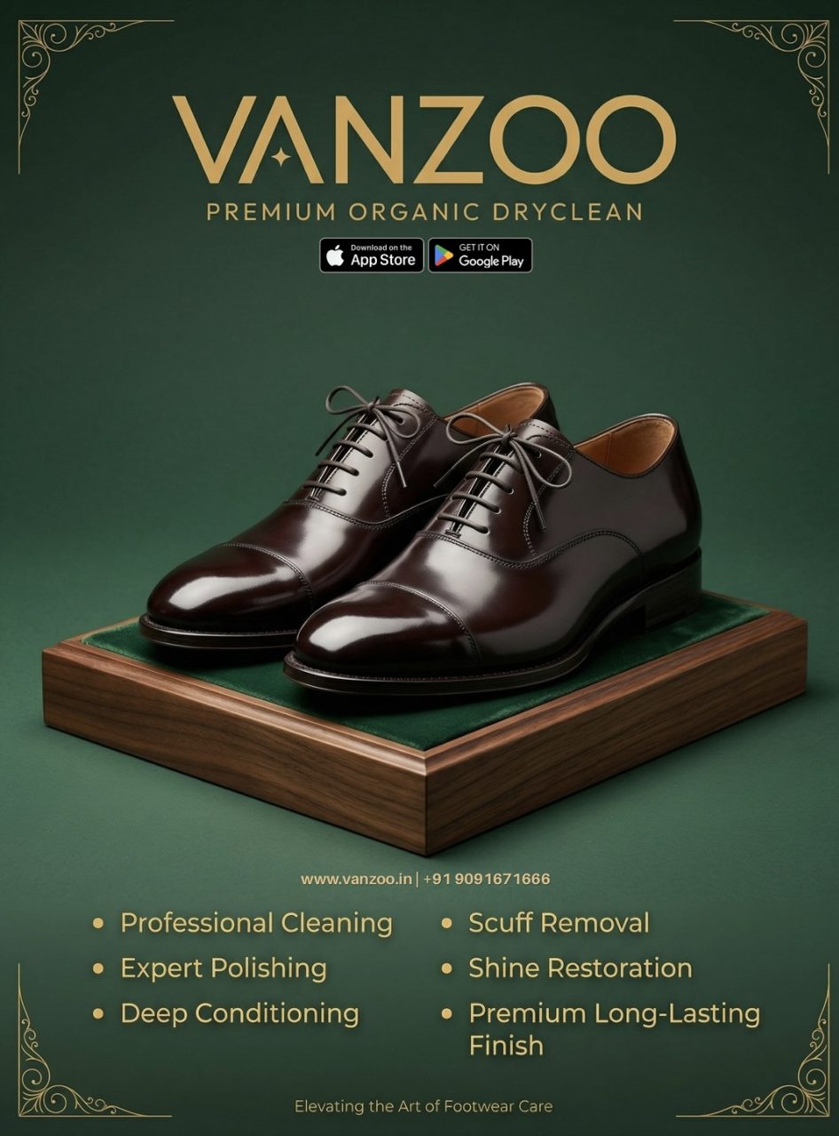 Dark brown leather oxford shoes on a wooden stand — Vanzoo shoe polishing and deep conditioning