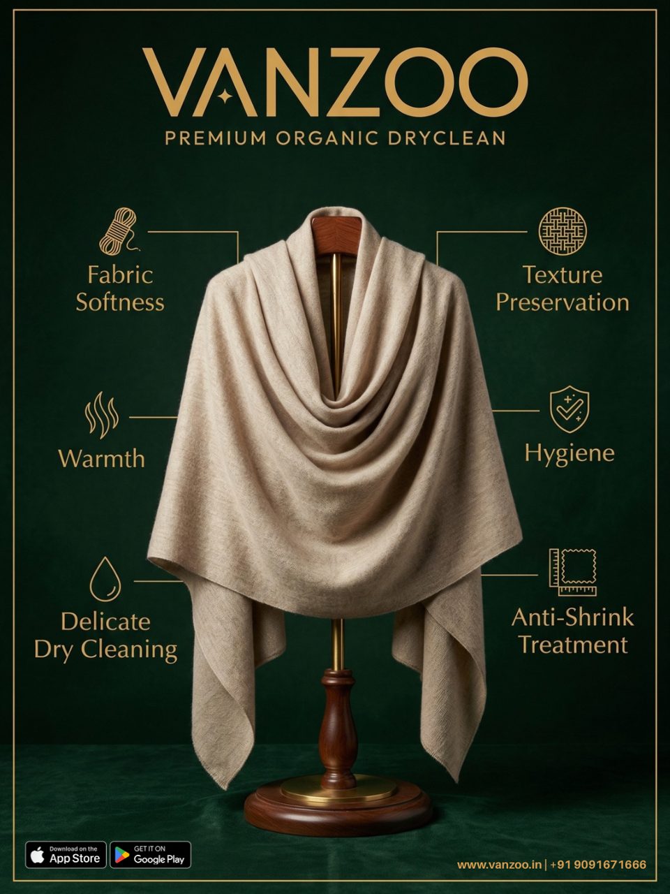 Cream cashmere shawl on a stand — Vanzoo delicate fabric care with anti-shrink treatment