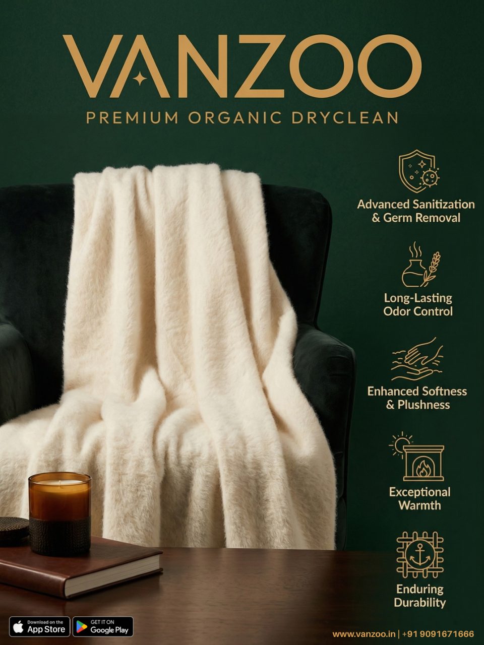 Cream throw blanket beside a chair — Vanzoo blanket cleaning for softness and warmth