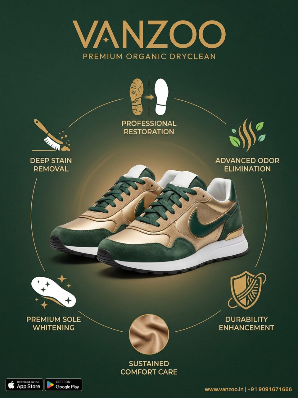 Gold and green sneakers — Vanzoo sneaker care, stain removal and sole whitening