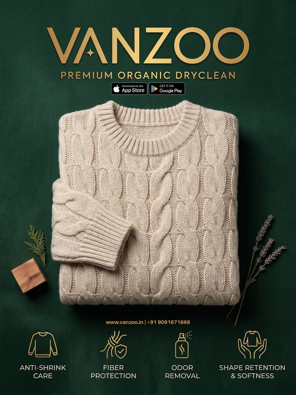 Cream cable-knit sweater — Vanzoo woollen care with fibre protection and odour removal