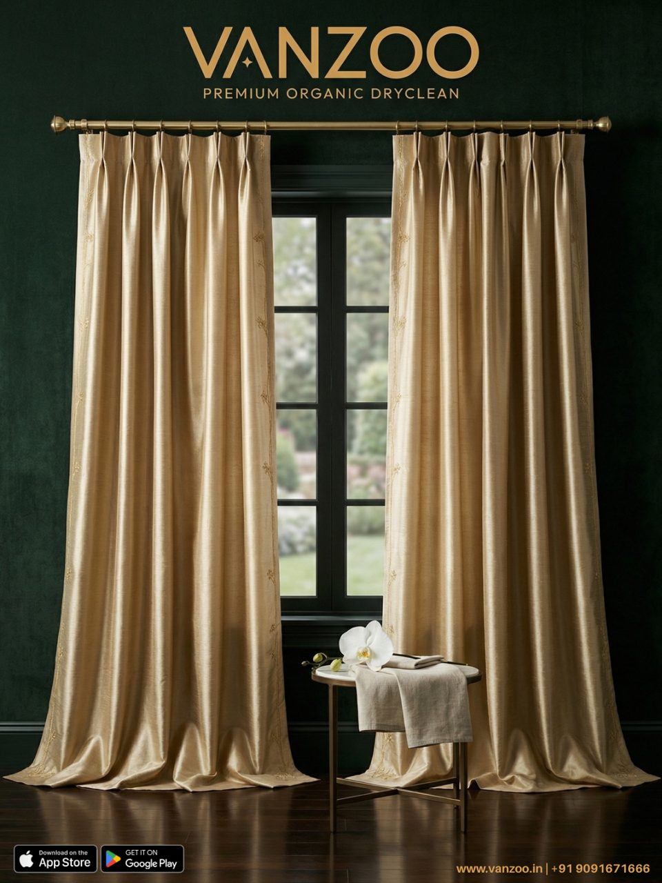 Golden floor-length curtains — Vanzoo curtain cleaning