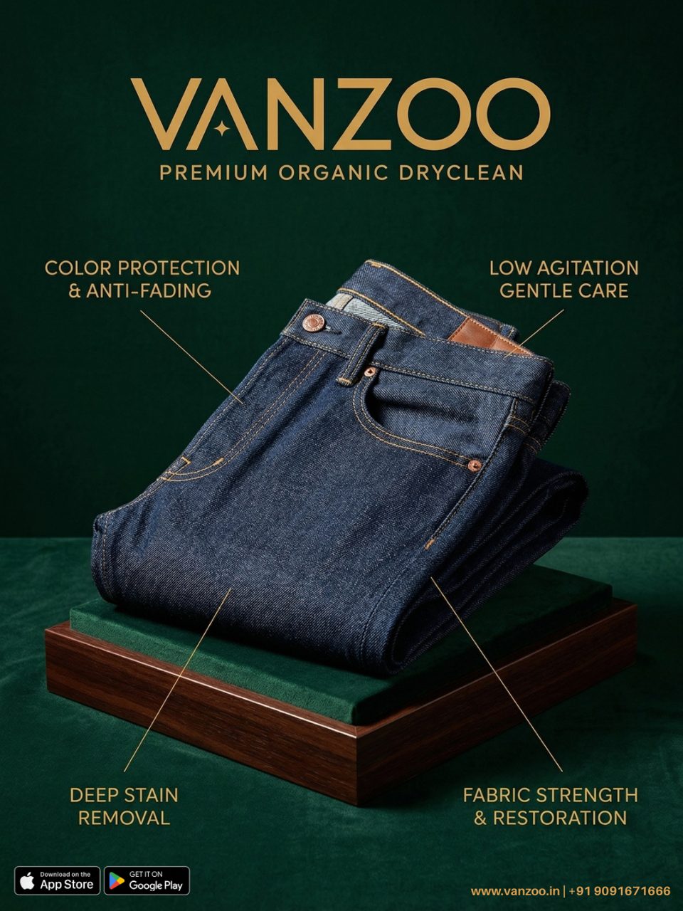 Folded denim jeans — Vanzoo jeans care with colour protection and low-agitation cleaning