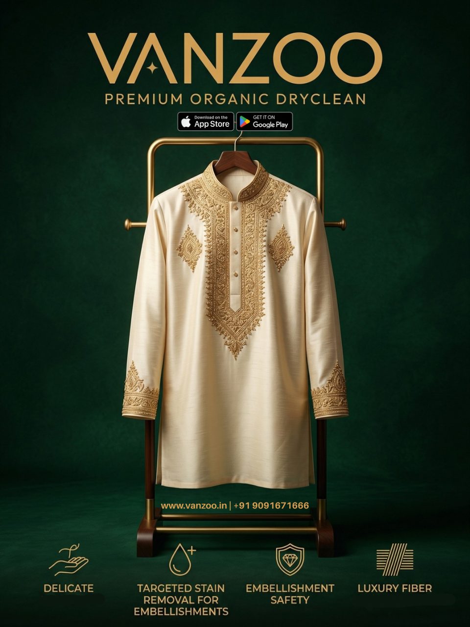 Cream embroidered kurta on a stand — Vanzoo kurta dry cleaning with embellishment safety