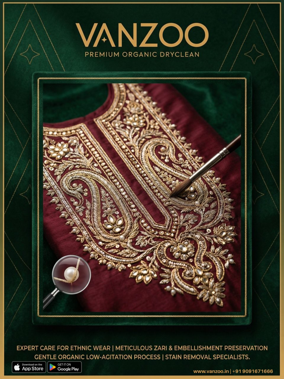 Maroon embroidered fabric with zari work — Vanzoo ethnic wear care and embellishment preservation