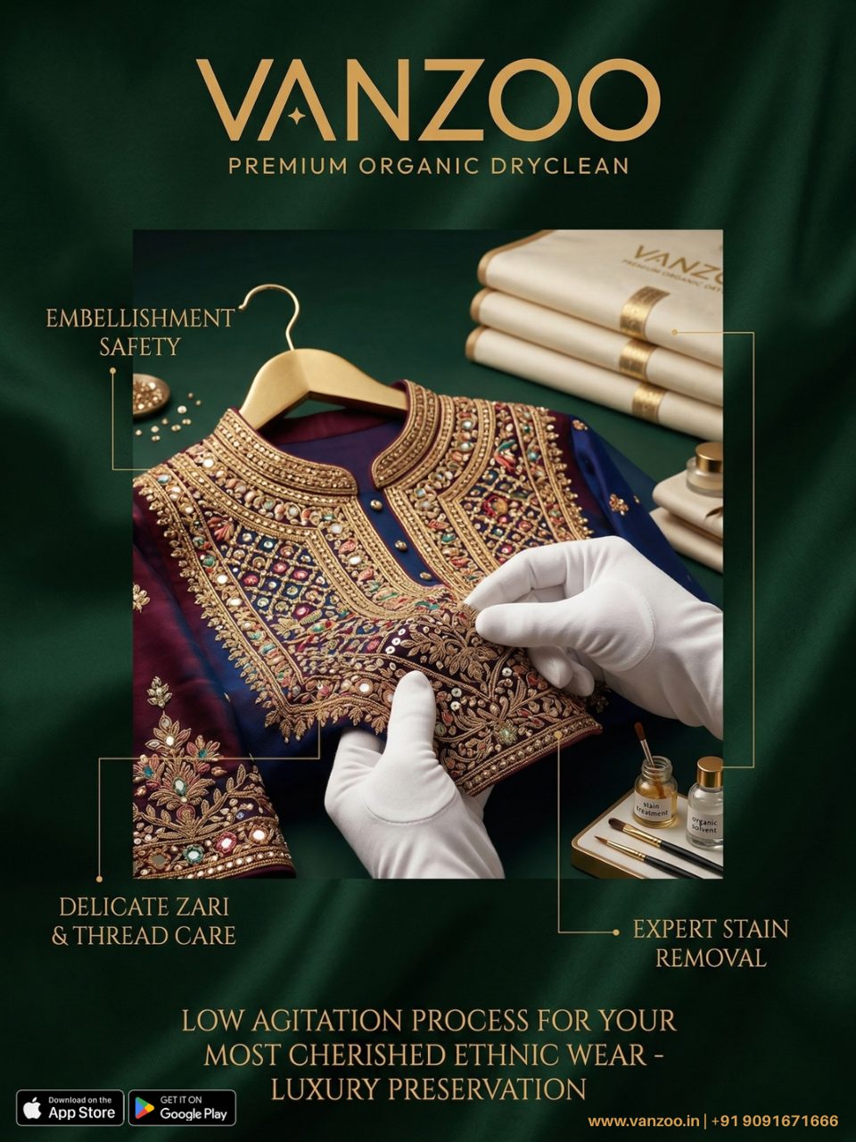 Embellished sherwani handled with white gloves — Vanzoo zari and thread care