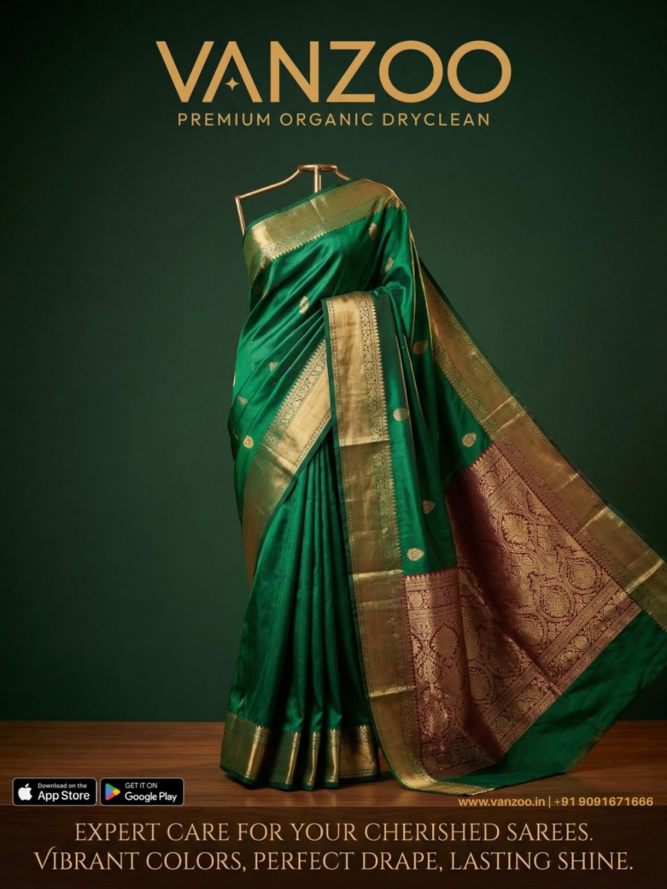 Green silk saree — Vanzoo saree dry cleaning for vibrant colours and perfect drape