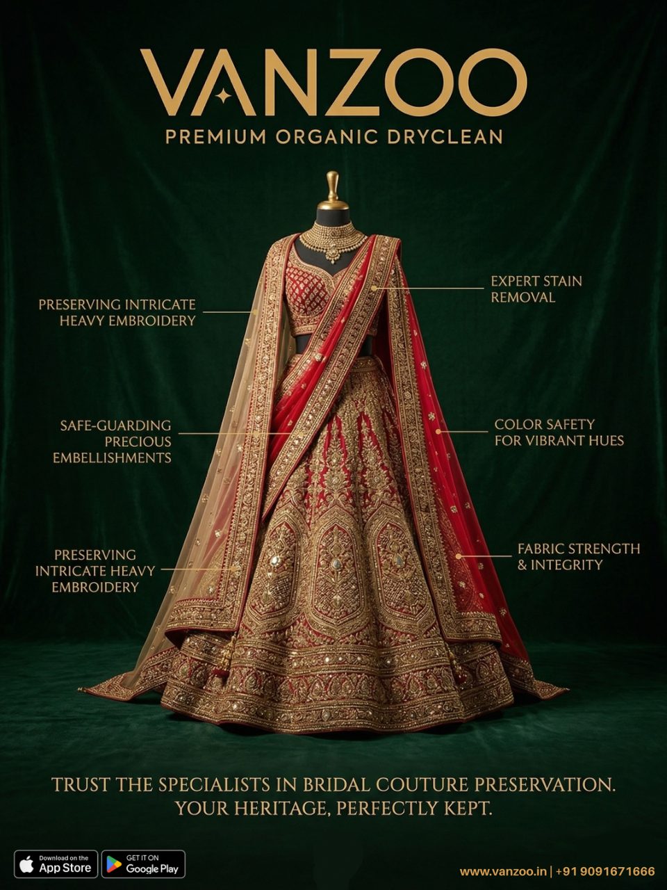Bridal lehenga on a mannequin — Vanzoo heavy embroidery care and stain removal