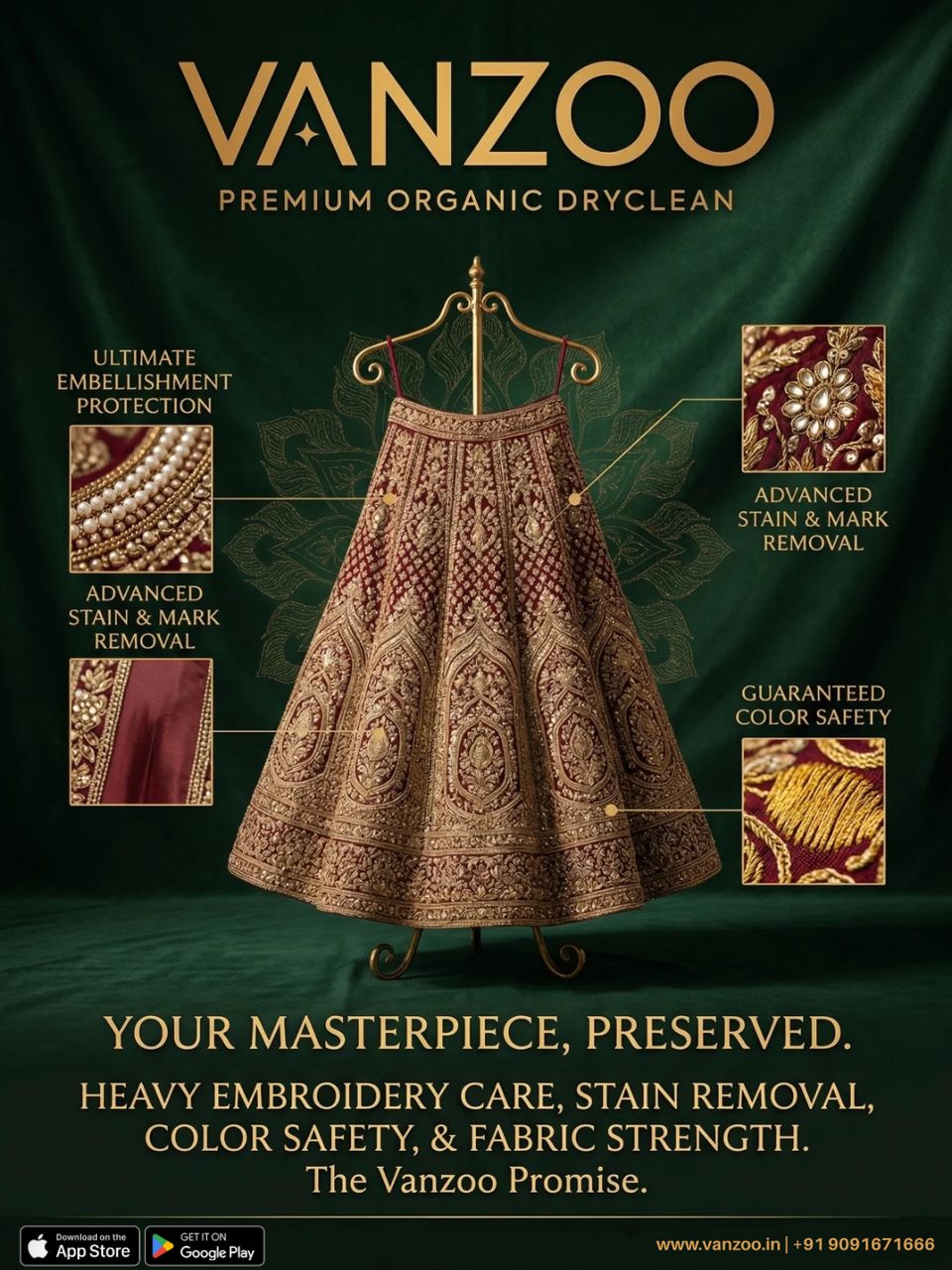 Red and gold lehenga on a stand — Vanzoo bridal lehenga cleaning with colour safety