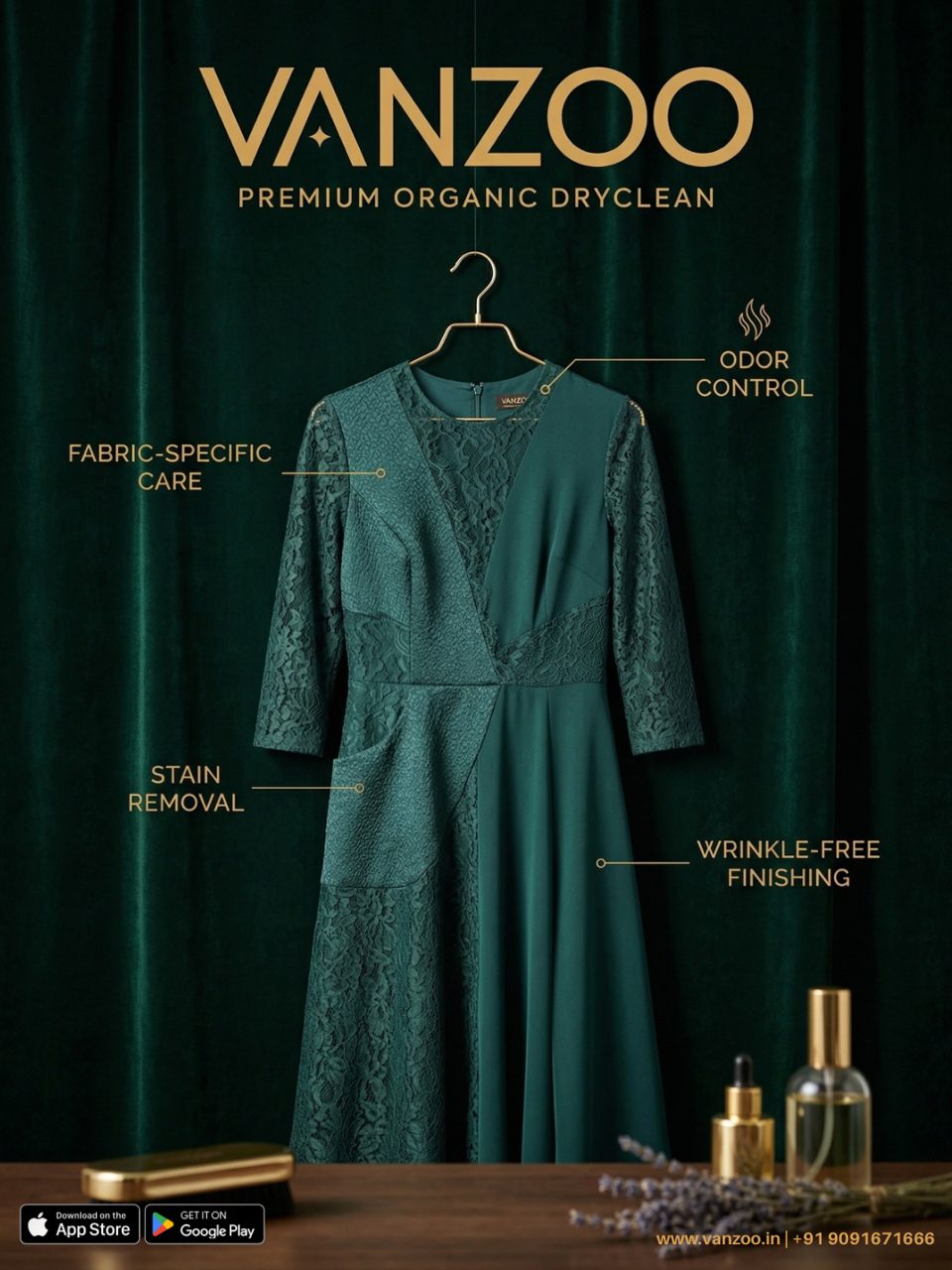 Teal lace dress on a hanger — Vanzoo dress cleaning with fabric-specific care