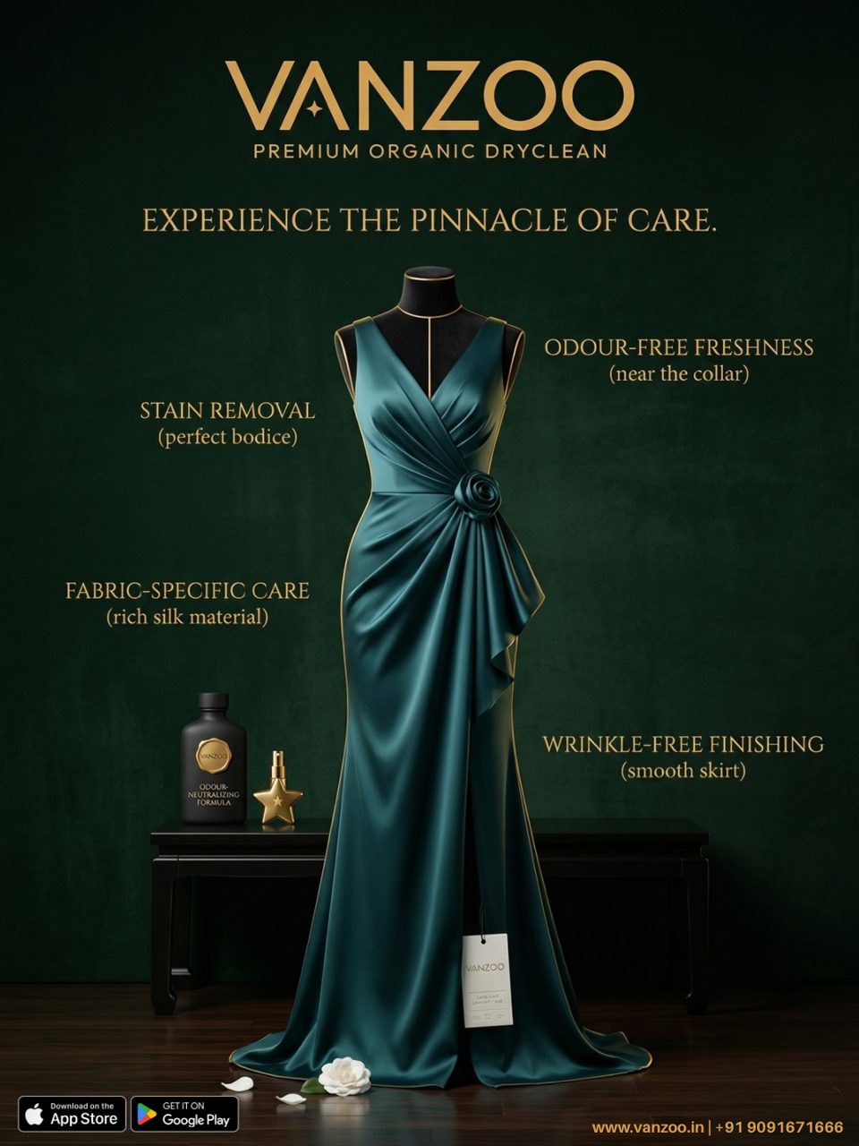 Teal satin gown on a mannequin — Vanzoo gown dry cleaning with wrinkle-free finishing