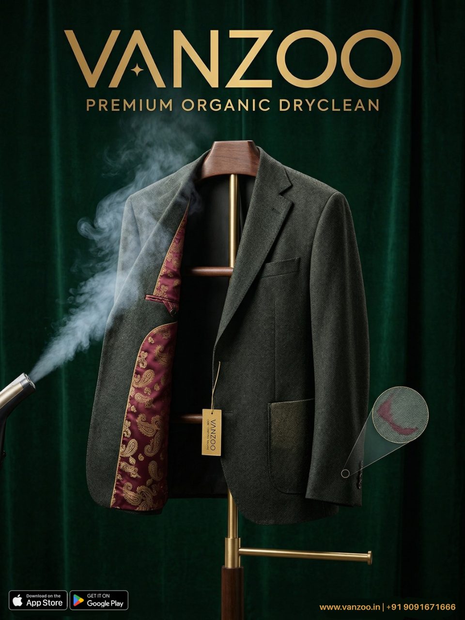 Wool blazer being steam pressed — Vanzoo blazer care with steam finishing