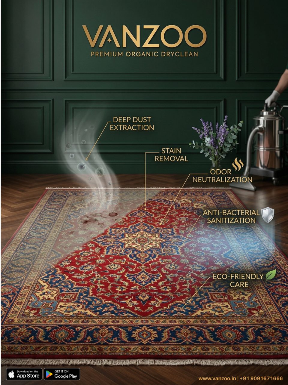 Persian-style rug with dust rising — Vanzoo deep dust extraction and carpet sanitisation