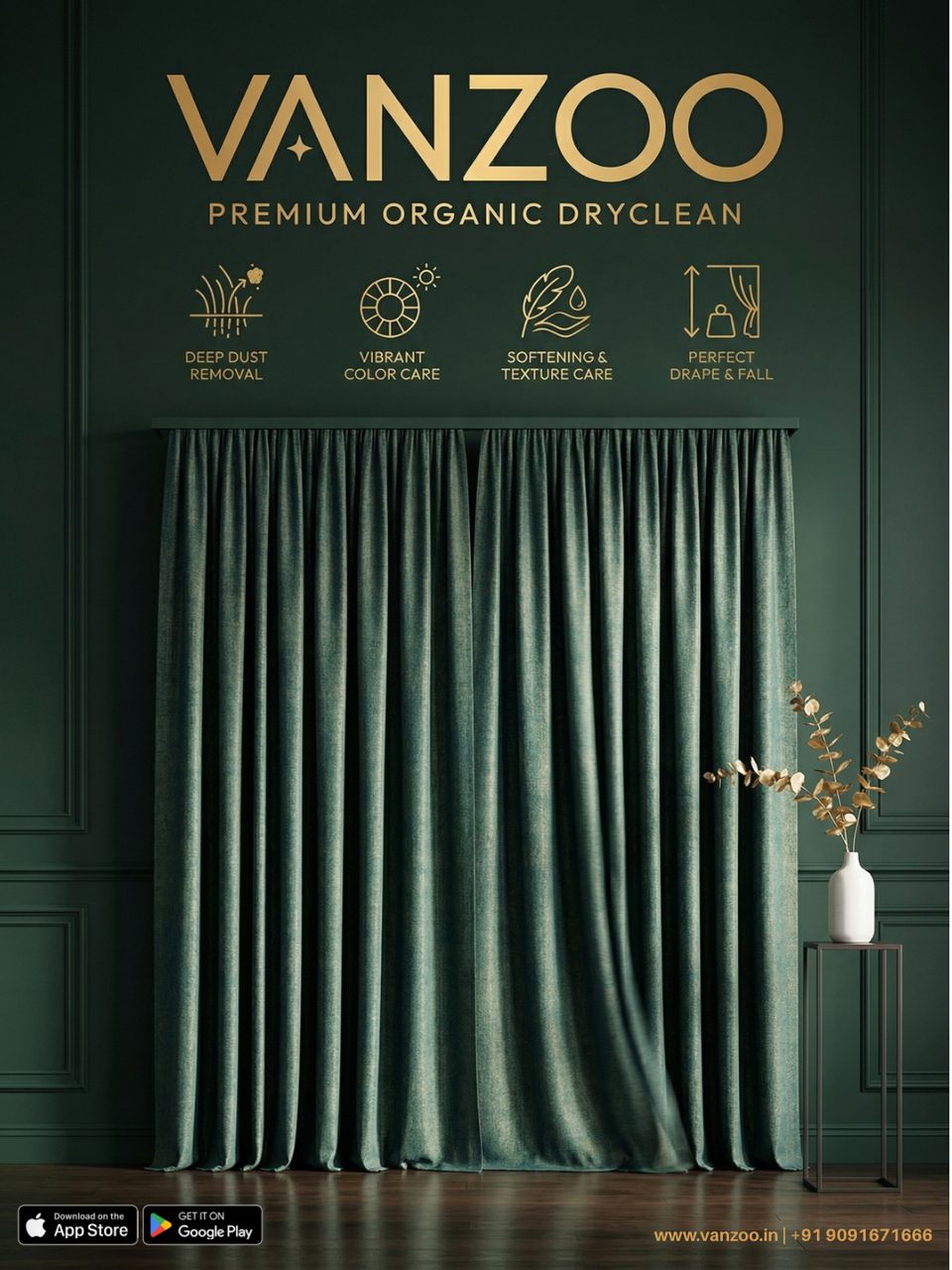 Green drapes — Vanzoo curtain cleaning that softens fabric and restores the fall