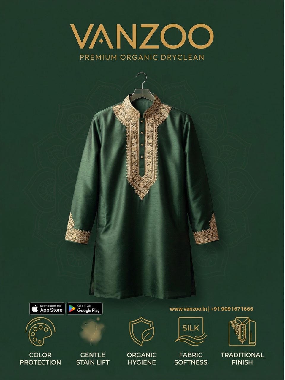 Green embroidered kurta on a hanger — Vanzoo kurta care with gentle stain lift