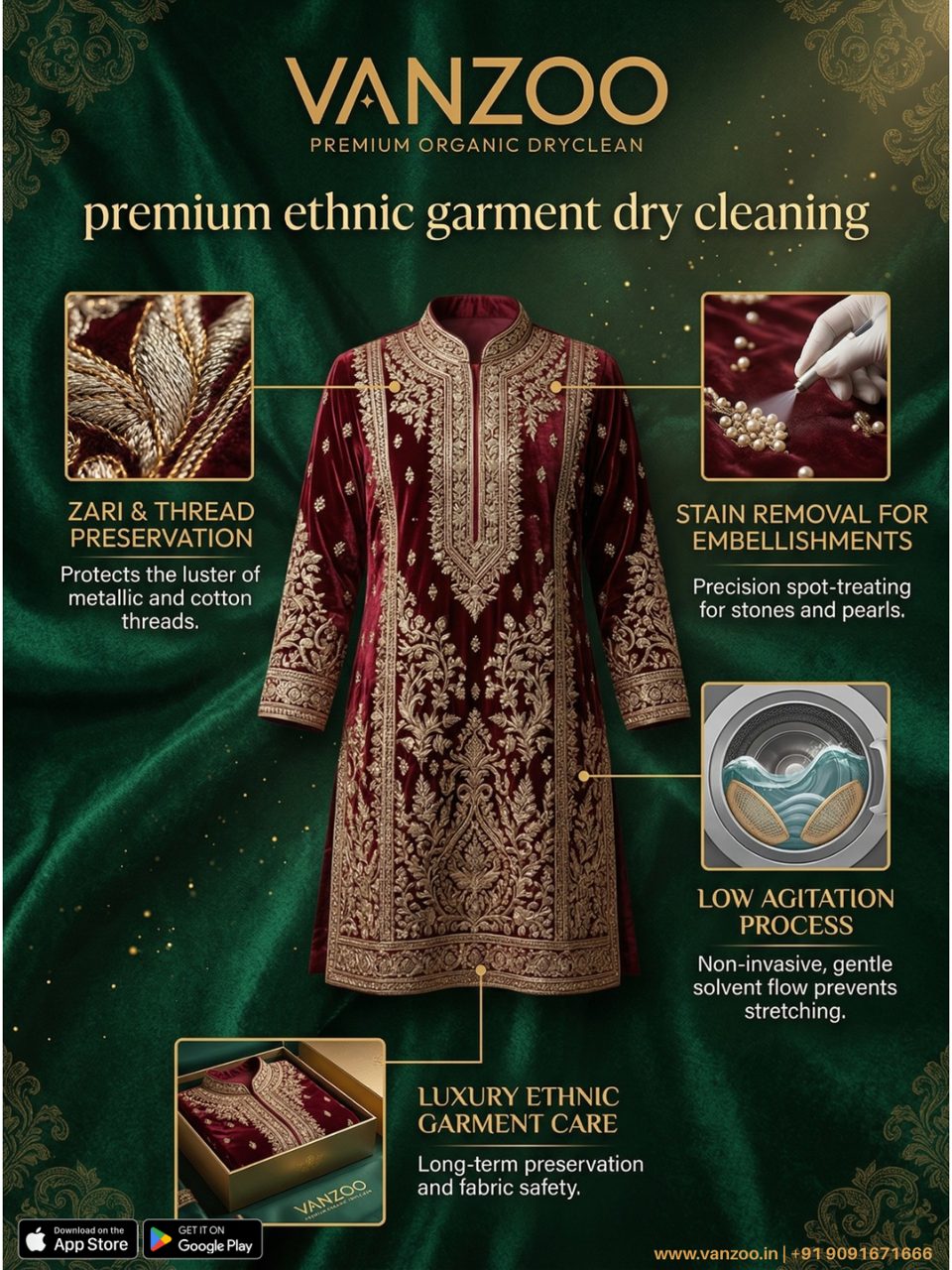 Maroon embroidered ethnic wear — Vanzoo premium ethnic garment dry cleaning