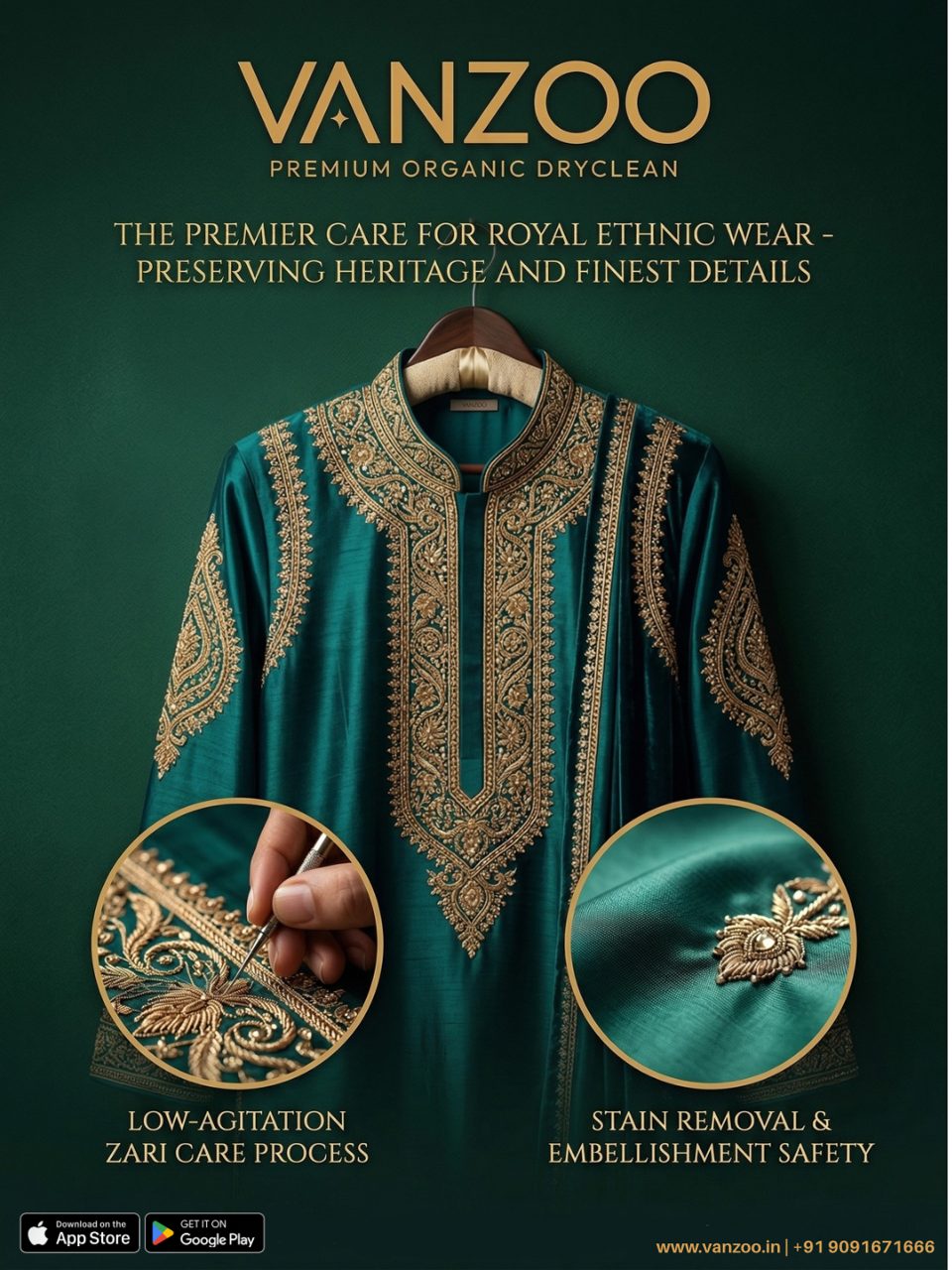 Teal embroidered kurta — Vanzoo ethnic wear care with low-agitation zari protection