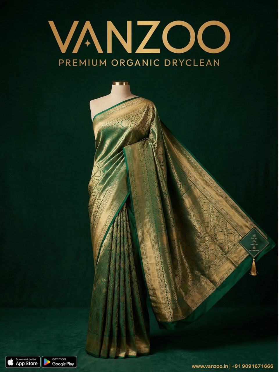 Green silk saree on a mannequin — Vanzoo saree care