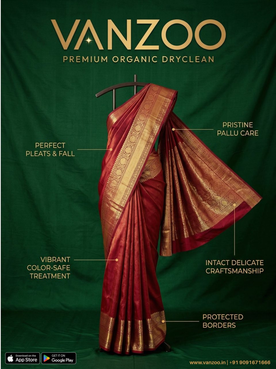 Red silk saree with a gold border — Vanzoo saree dry cleaning for colour-safe treatment