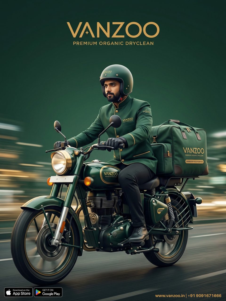 Vanzoo rider on a motorbike with a green delivery bag — free pickup and delivery in Gurgaon