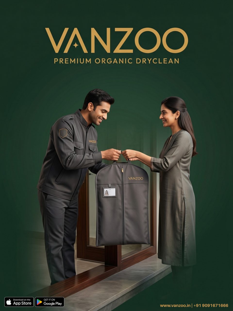 Vanzoo valet handing a garment cover to a customer — doorstep pickup and delivery