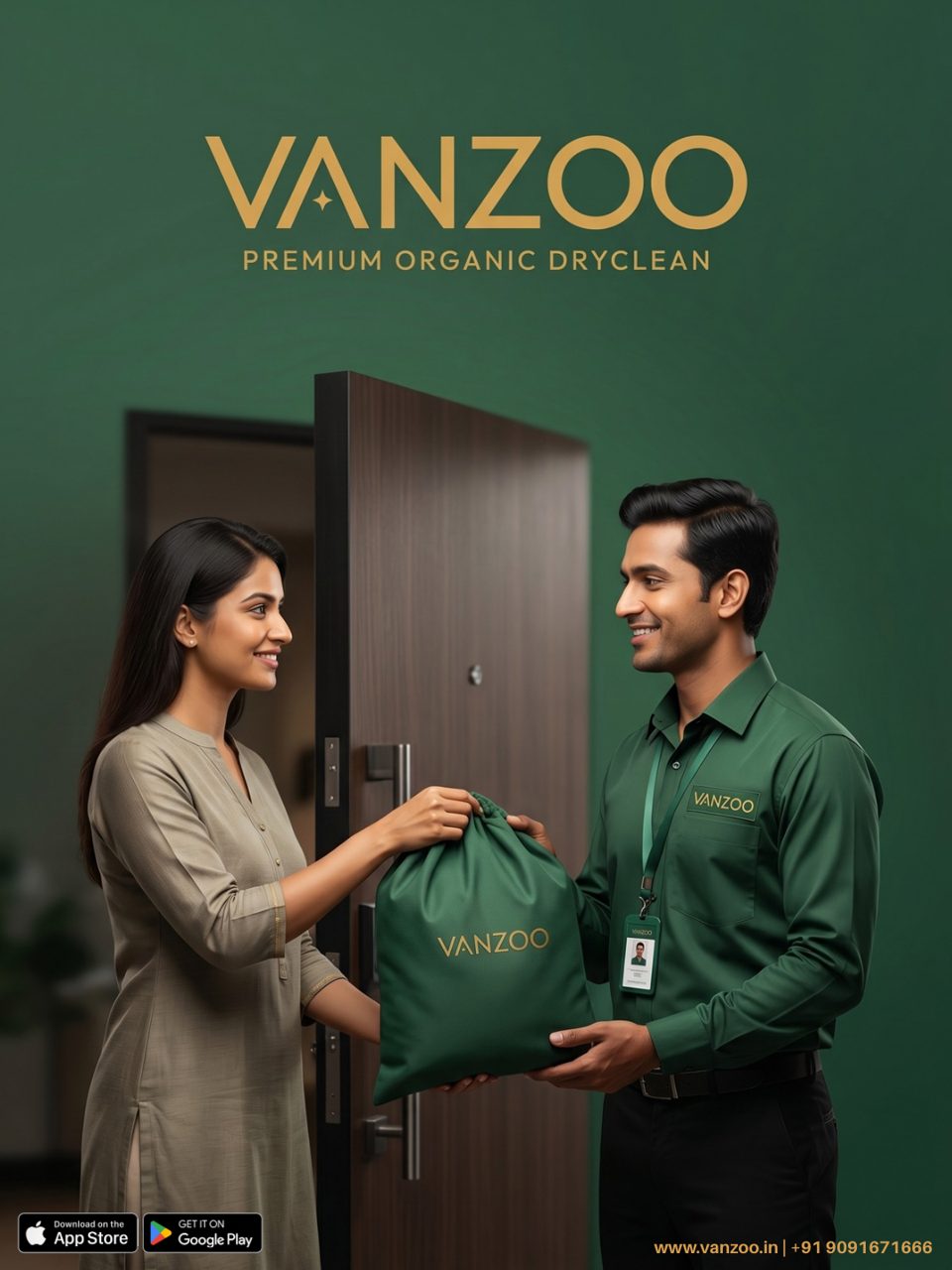 Vanzoo valet delivering a green bag to a customer at her door