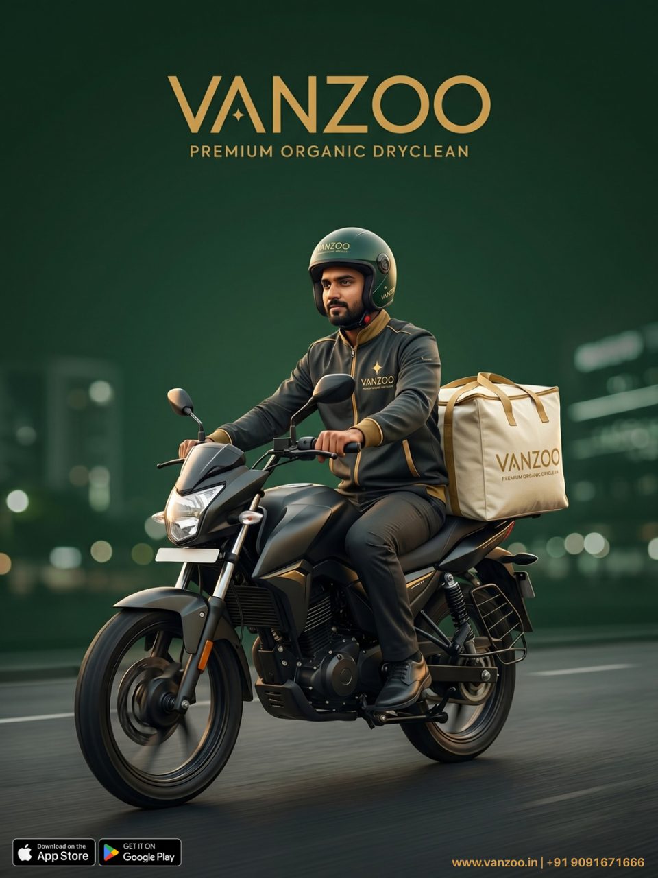 Vanzoo rider on a motorbike carrying a cream delivery bag