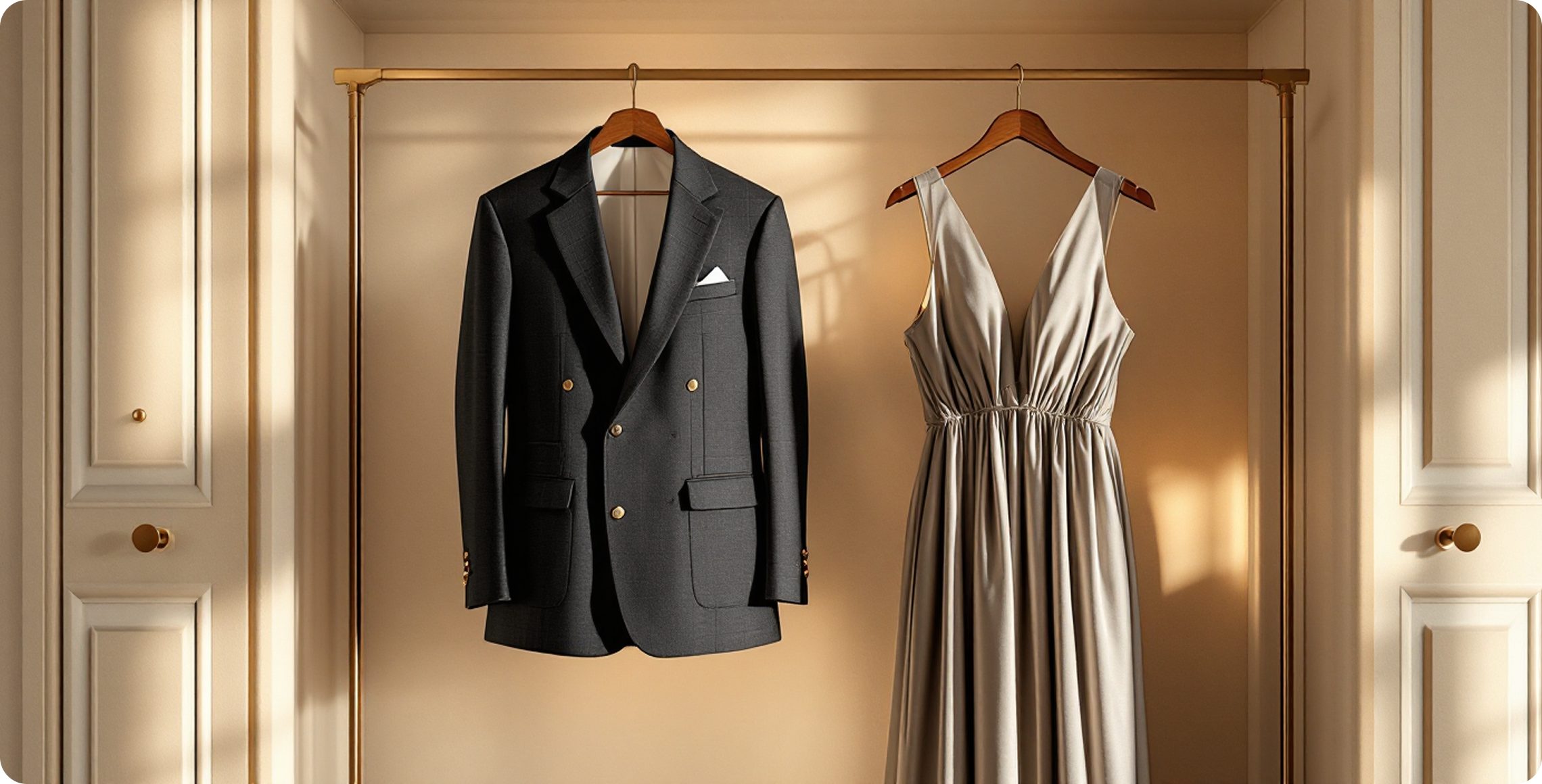 Bespoke two-piece suit and evening dress hanging after couture dry cleaning at Vanzoo Gurgaon