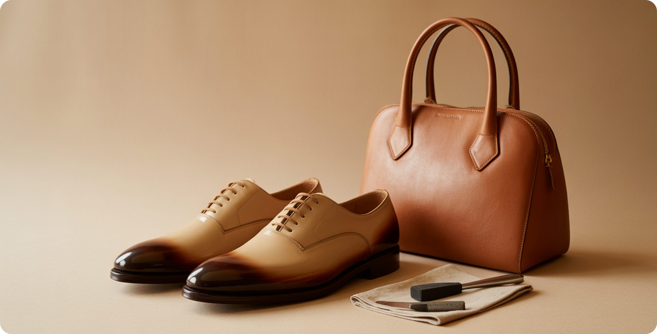 Leather brogues and a tan leather handbag cleaned and conditioned by Vanzoo luxury accessory care