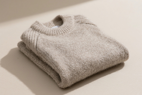 Cable-knit sweater folded after gentle hydrocarbon cleaning by Vanzoo
