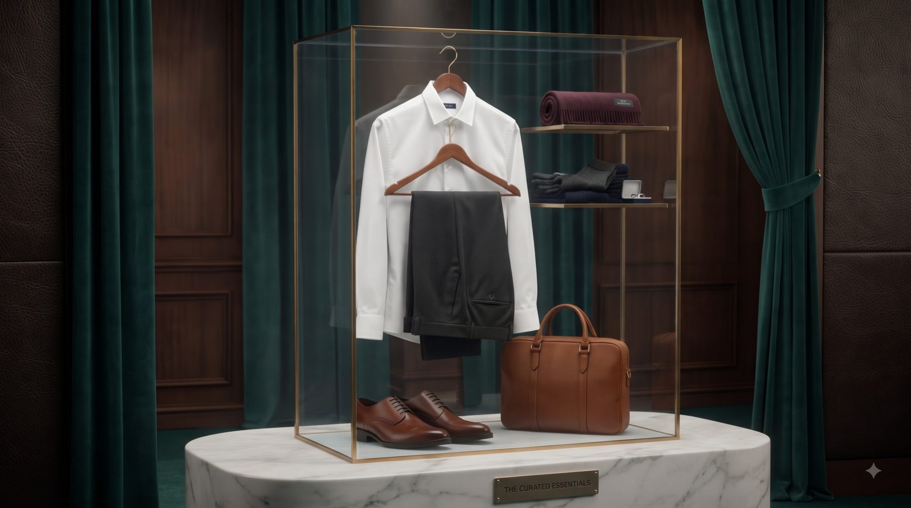 Shirt, trousers, shoes and a leather bag displayed in a glass case after Vanzoo care
