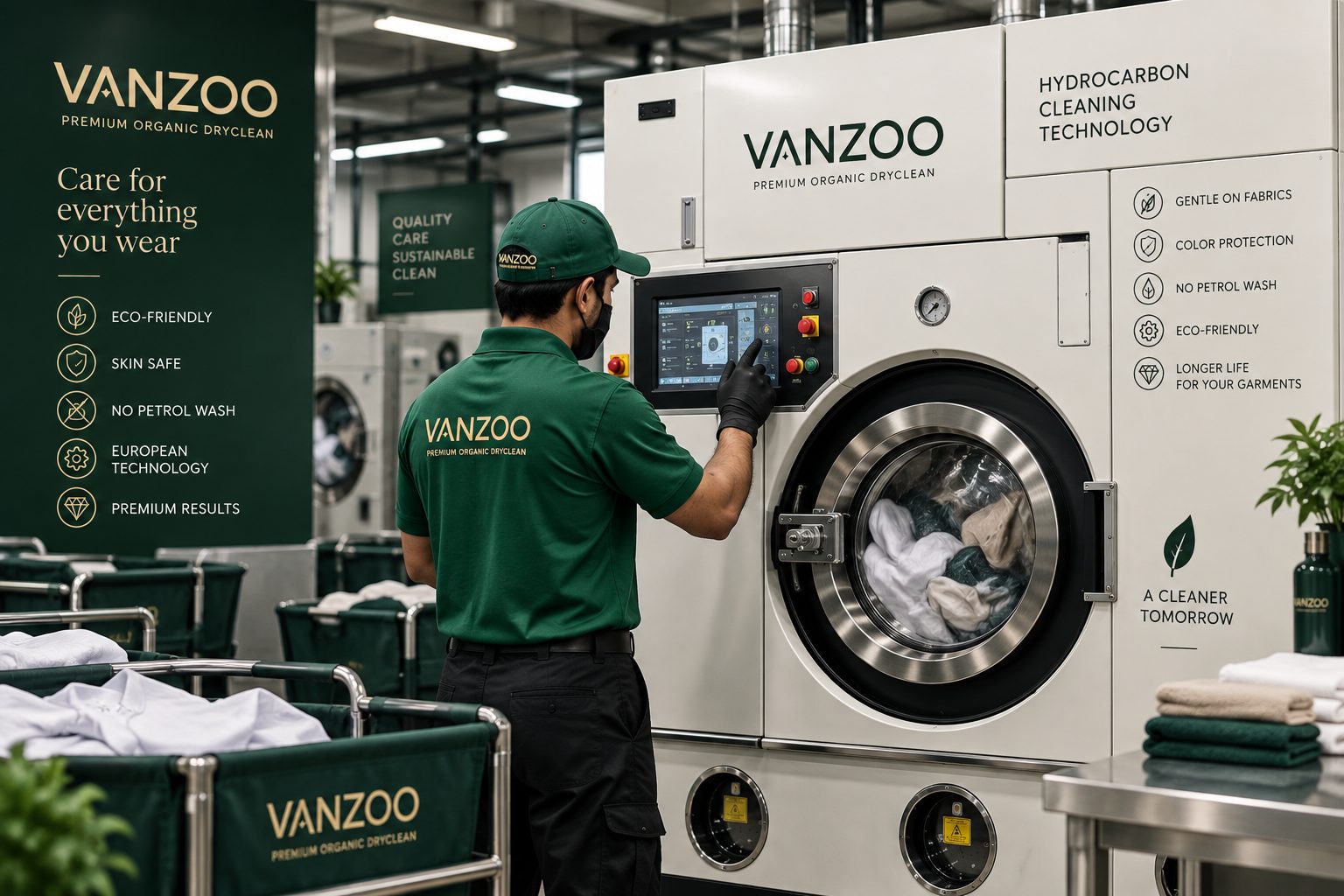 Vanzoo team member operating a closed-loop hydrocarbon dry cleaning machine