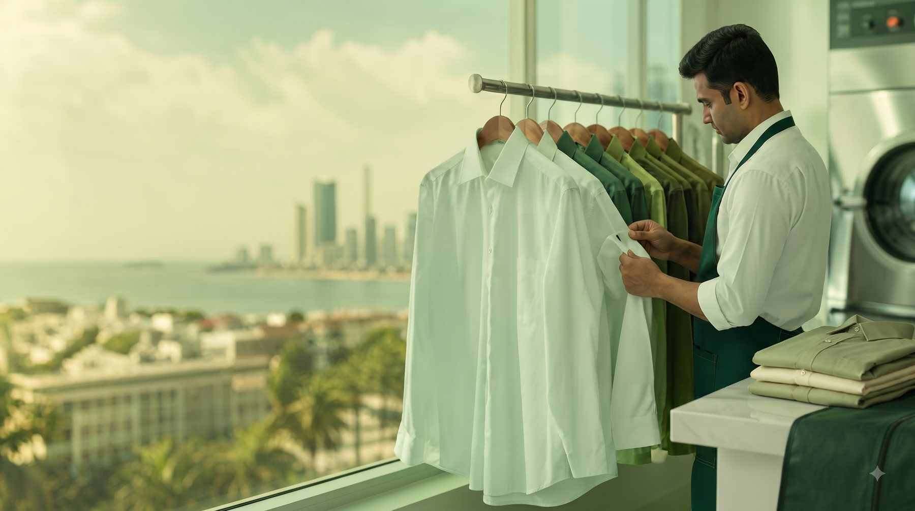 Vanzoo team member checking a freshly pressed white shirt by a window