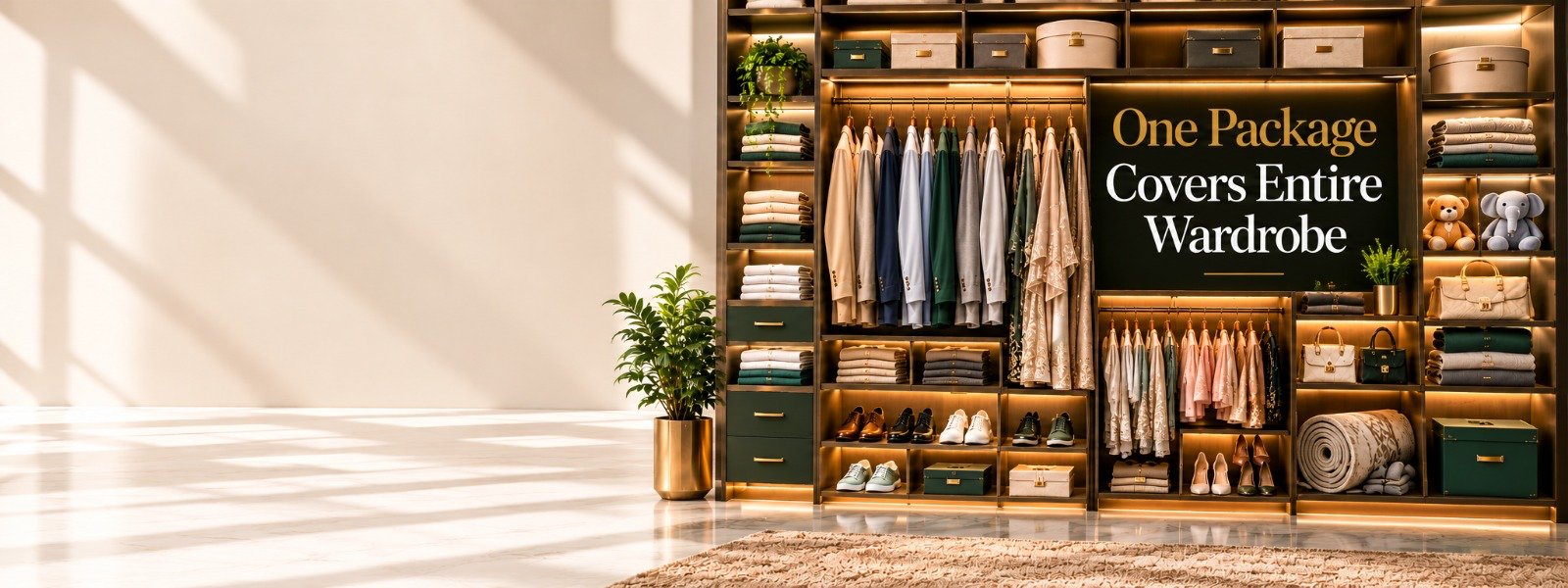 A Vanzoo wardrobe wall of suits, shirts, shoes, bags and soft toys with the message One Package Covers Entire Wardrobe