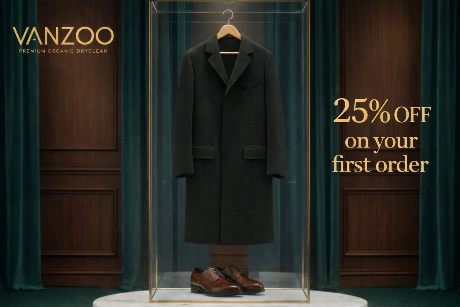 A cared-for overcoat displayed in a glass case, with the Vanzoo first-order offer