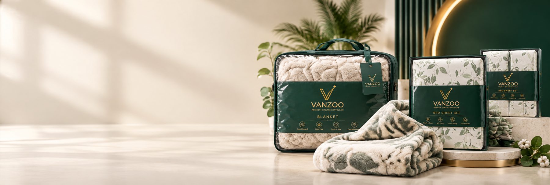 Blankets and bed linen in Vanzoo green packaging beside a folded throw