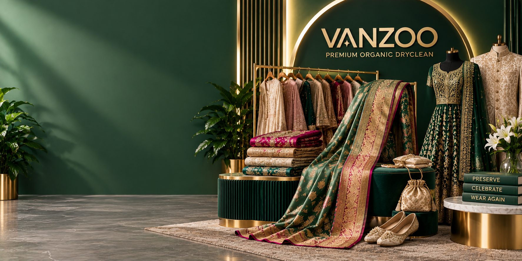 Silk sarees, a lehenga and a sherwani styled on the Vanzoo premium organic dryclean display