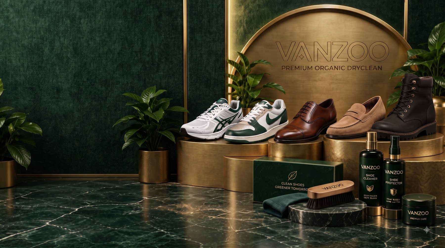 Cleaned sneakers, loafers and boots with shoe-care products on a Vanzoo display