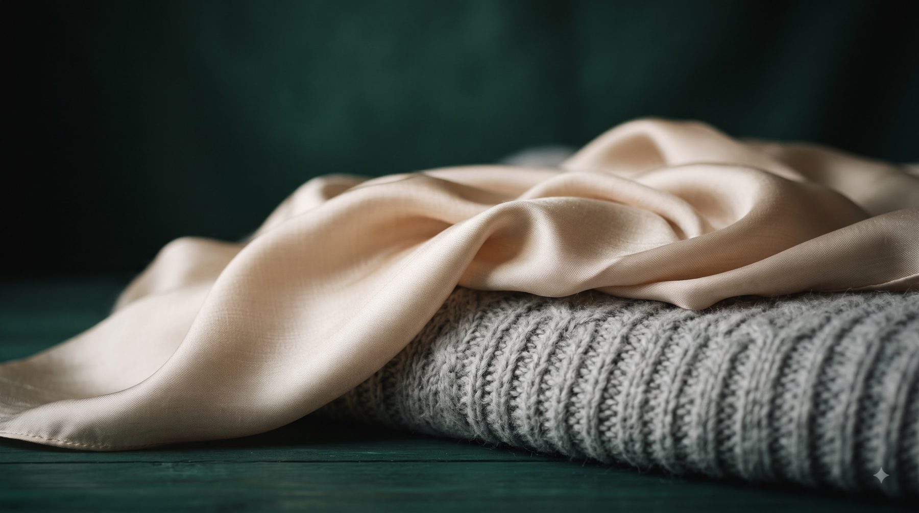 Folded silk and knitted wool fabrics against a deep green backdrop