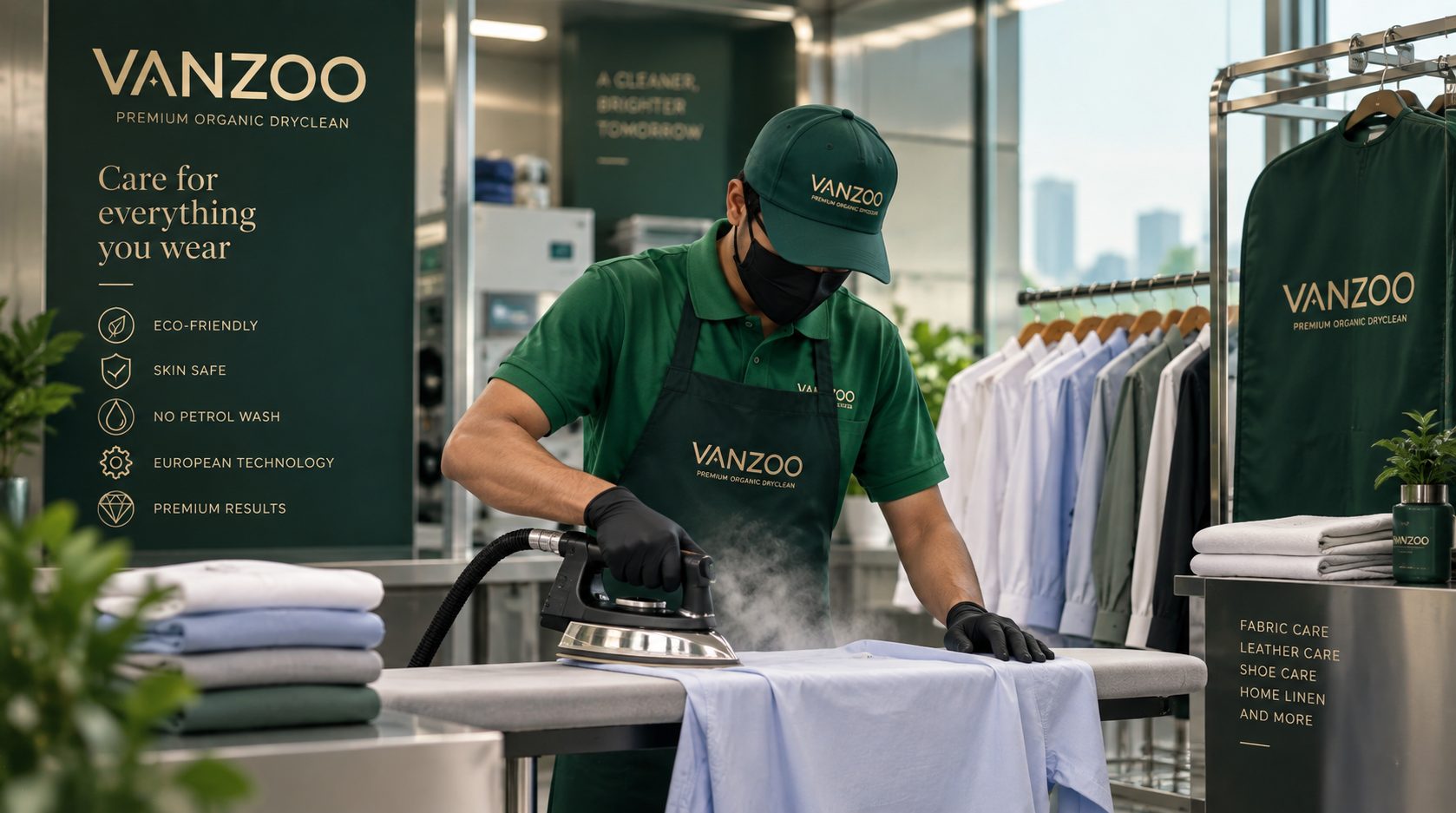 Vanzoo team member steam-ironing a shirt at the Vanzoo pressing station