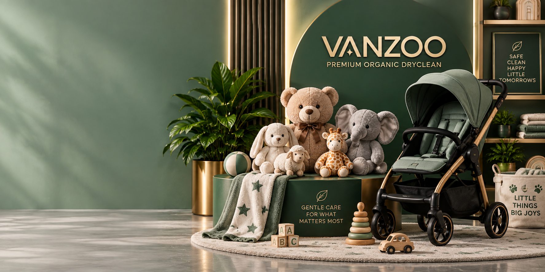 Soft toys and a baby stroller cared for by Vanzoo, styled in the Vanzoo store