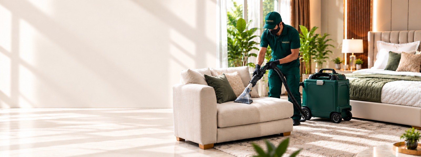 Vanzoo team member deep cleaning a sofa on-site in a bright living room, with the Vanzoo extraction machine beside a bed